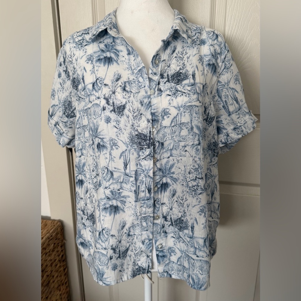 Rachel Zoe Safari Shirt with Blue and White Woman Sz L 100% Linen button down